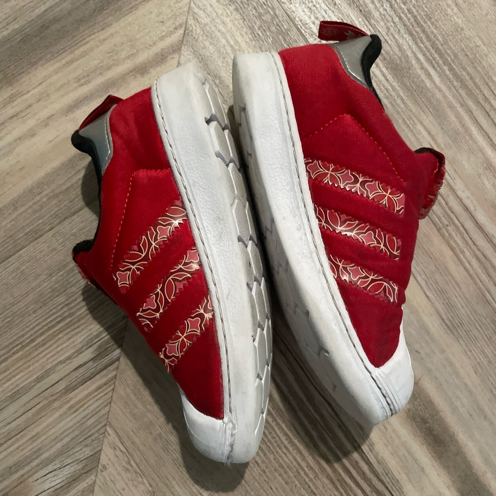 Adidas red kids slip ons